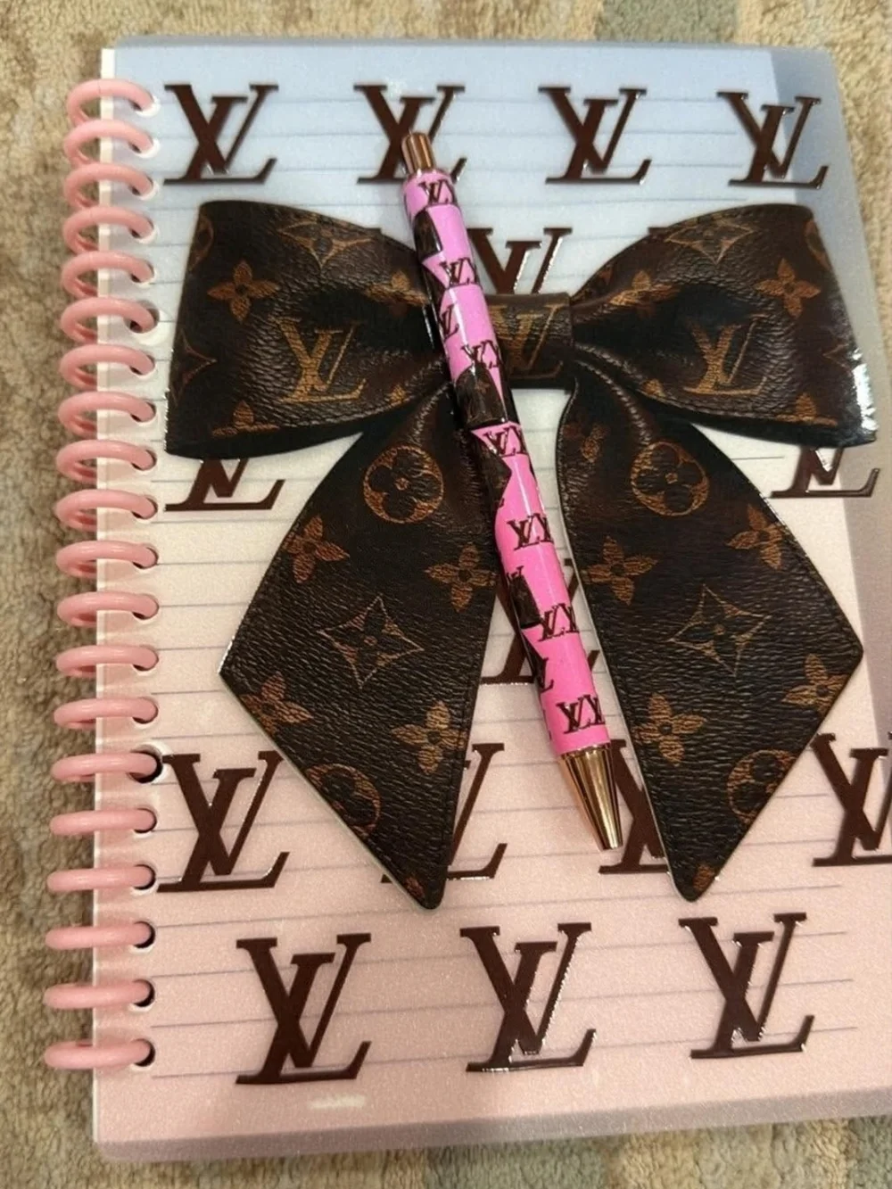 Designer-Inspired Pink & Brown Bow Pen and Ombre Notebook Set Refillable